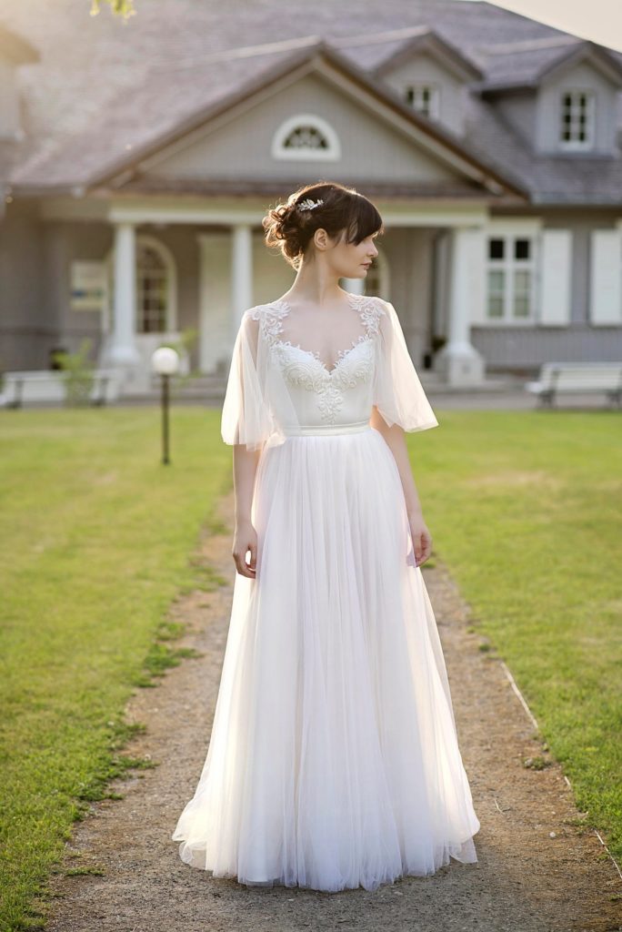 Flutter sleeve wedding gown sale