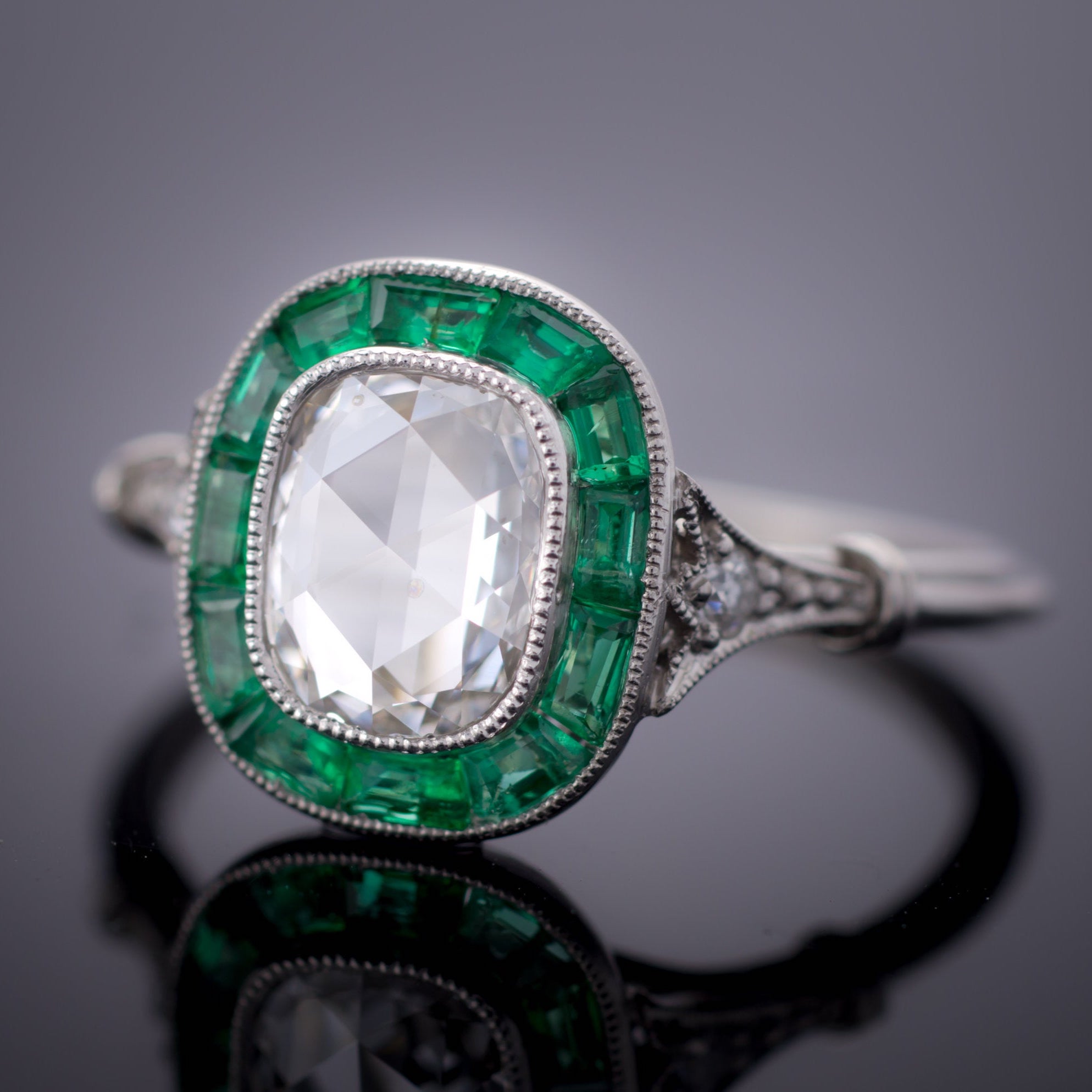 Rose Cut Diamond + Emerald Halo Ring