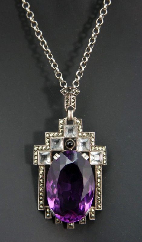 Silver Art Deco Amethyst Pendant Necklace