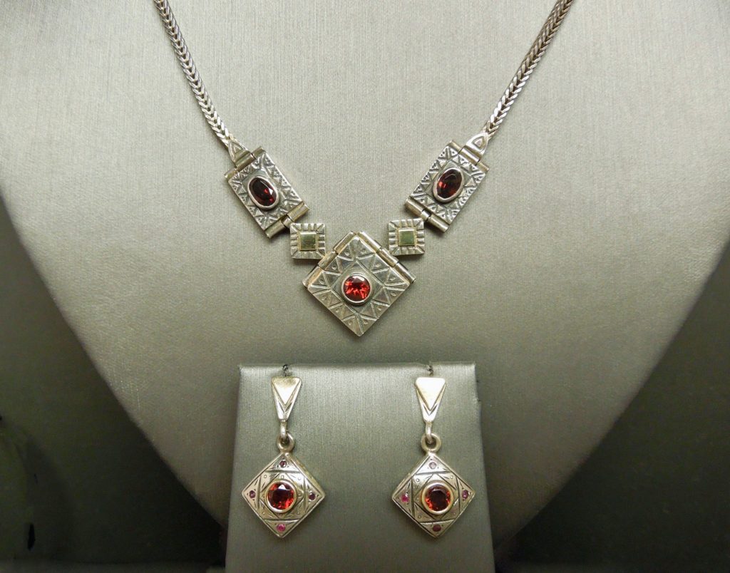 Vintage Art Deco Garnet Necklace + Earring Set