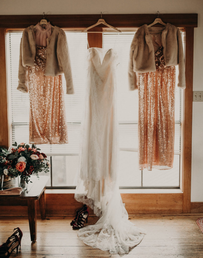 Vintage New Years Eve Wedding Bridal Gown + Bridesmaids Dresses