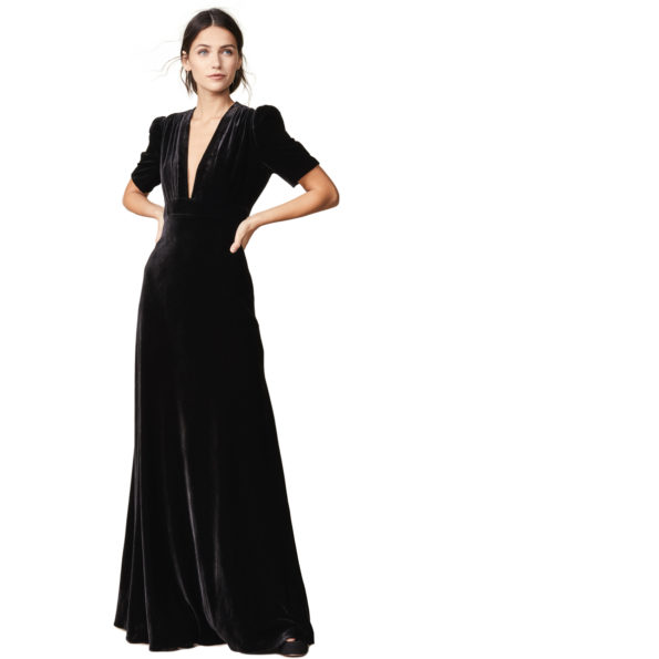 Vintage Puff Sleeve Black Velvet Evening Gown