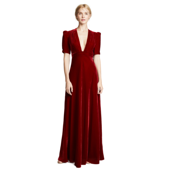 Vintage Puff Sleeve Red Velvet Evening Gown