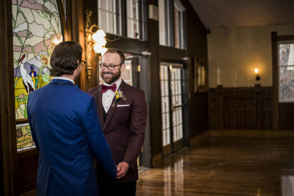 Vintage Style Gay Wedding | Burgundy Suit Groom