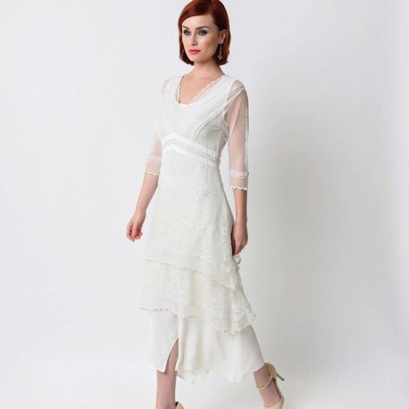 Vintage Style White Layered Tea Length Dress