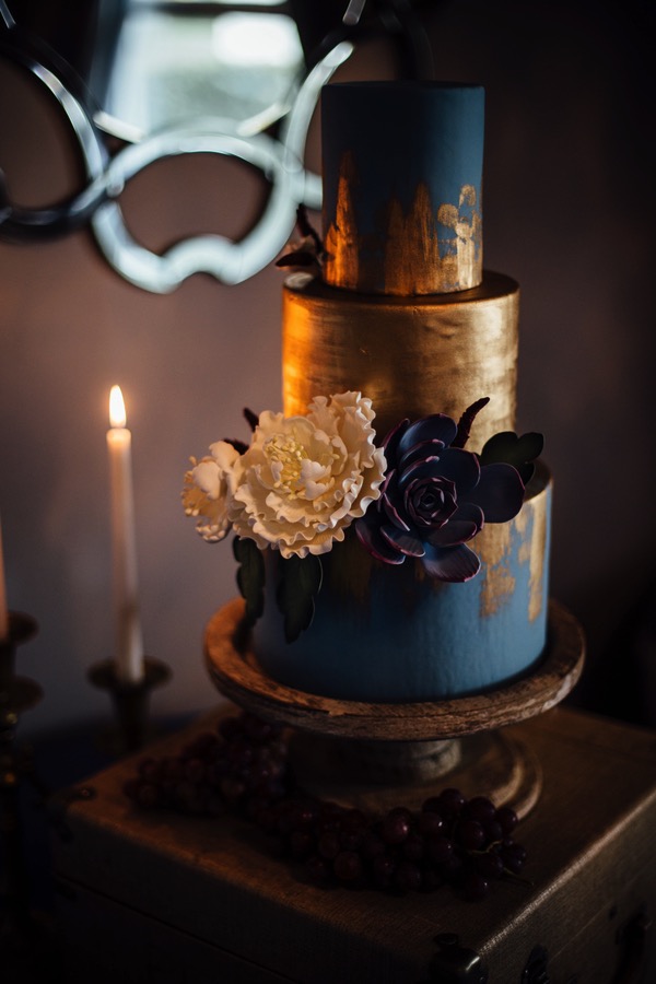 Vintage Style Winter Wedding Cake Navy + Gold