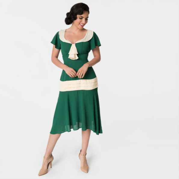 Ivory and Green 1920s Drop Waist Flapper Dress
