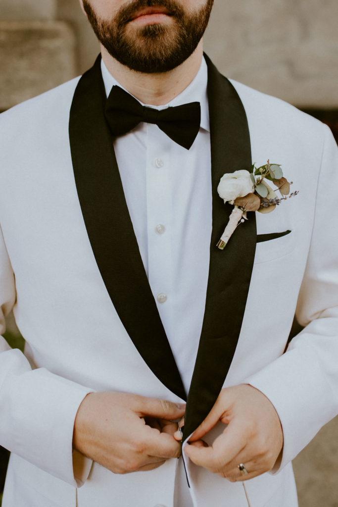 White Jacket Groom | Vintage Industrial NYC Wedding