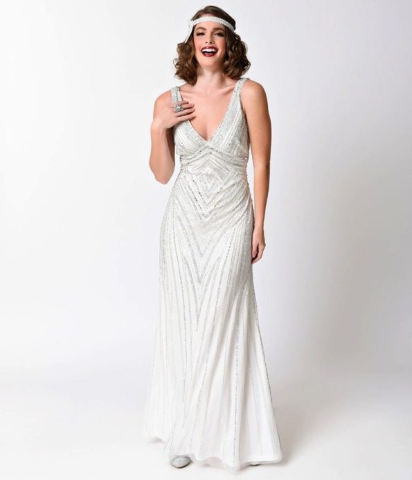 White and Silver Deco Wedding Gown